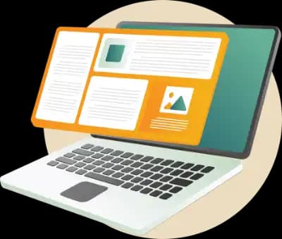 Ilustração de laptop com documentos acadêmicos